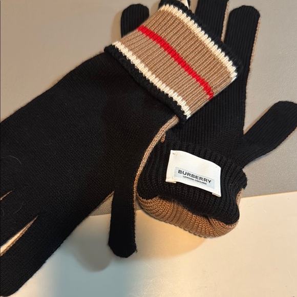 Burberry Black and Brown Striped Cuff Gloves - Picture 1 of 5